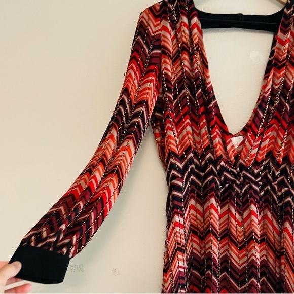 PARKER Women's Red/Orange/Black Keyhole Cut Out Silk Long Sleeve Midi Dress Sz L - Picture 5 of 9